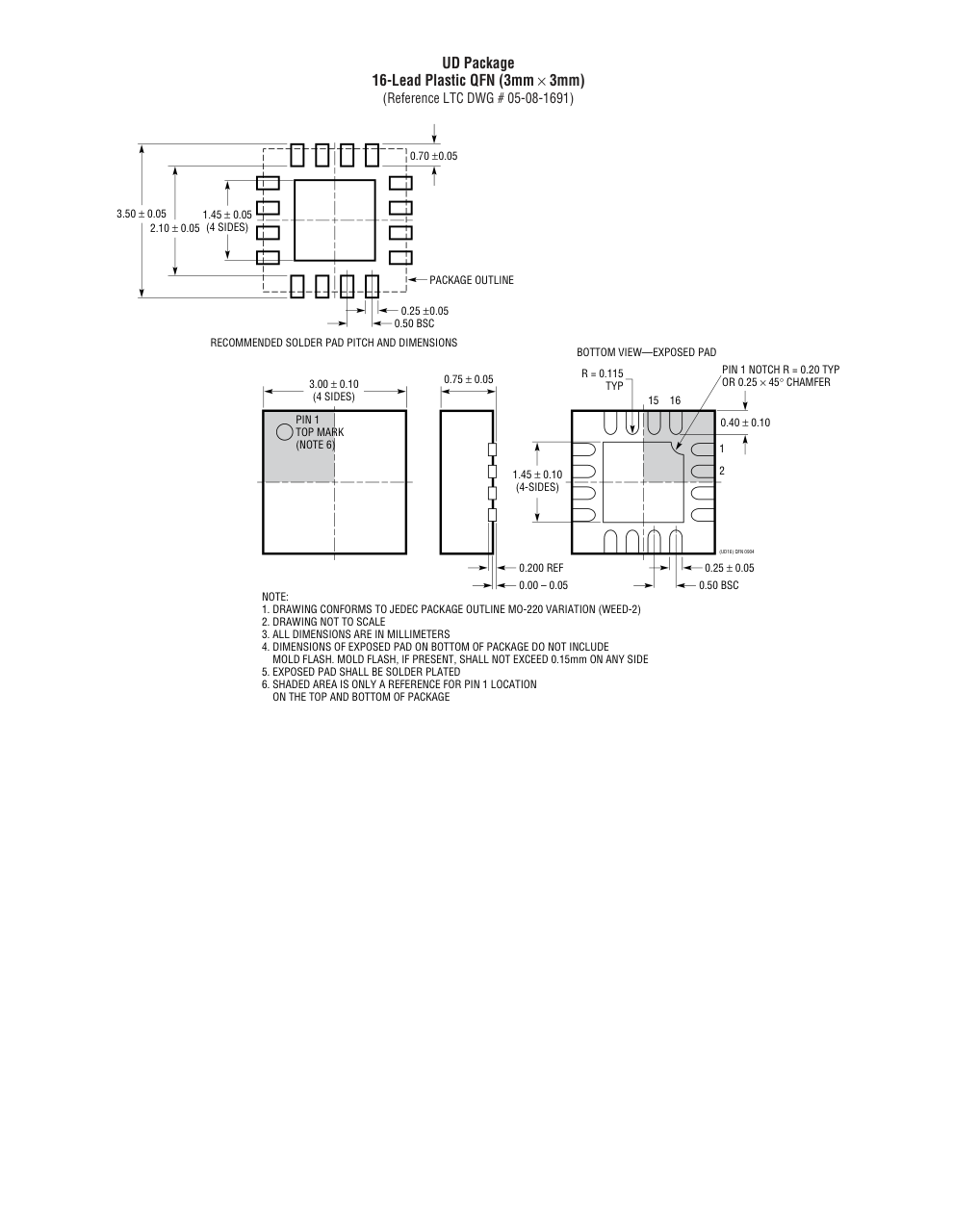 LTC7804EUD#PBF — Manufacturer package outline drawing - not a product photo, 16-Lead QFN (3mm x 3mm x 0.75mm w/ EP)