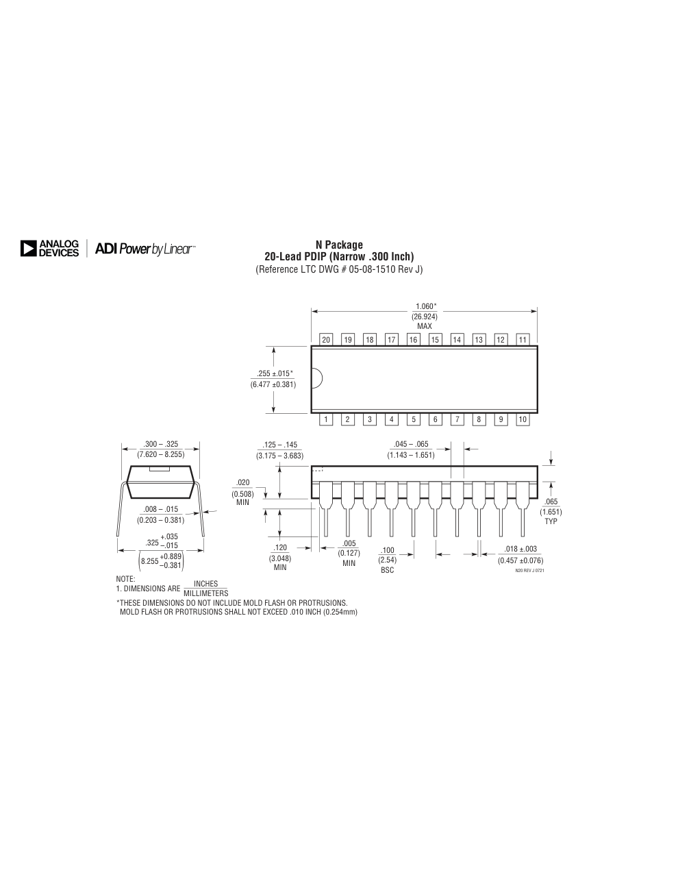 LTC1060ACN#PBF — Manufacturer package outline drawing - not a product photo, 20-Lead PDIP (Narrow 0.3 Inch)