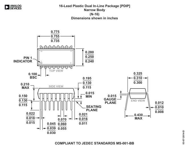 ADG408BNZ — Manufacturer package outline drawing - not a product photo, 16-Lead PDIP