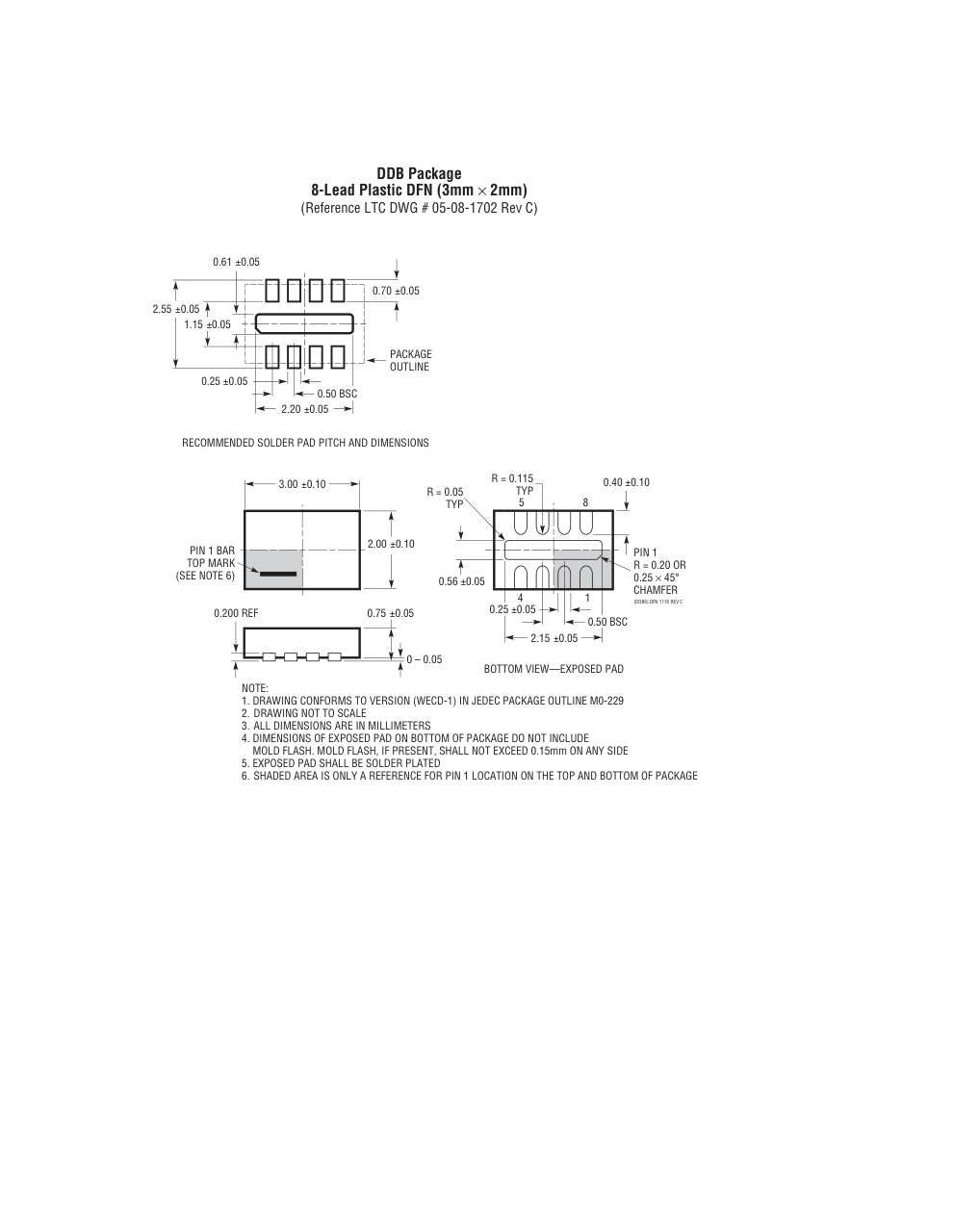 LTC4365CDDB#TRMPBF — Manufacturer package outline drawing - not a product photo, 8-Lead DFN (3mm x 2mm w/ EP)