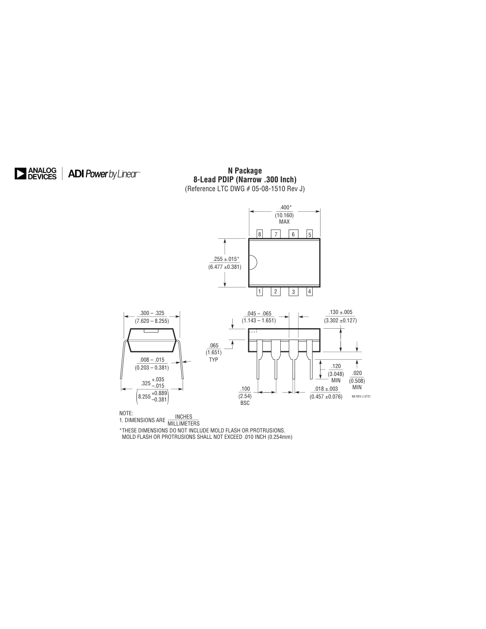 LTC485CN8#PBF — Manufacturer package outline drawing - not a product photo, 8-Lead PDIP (Narrow 0.3 Inch)