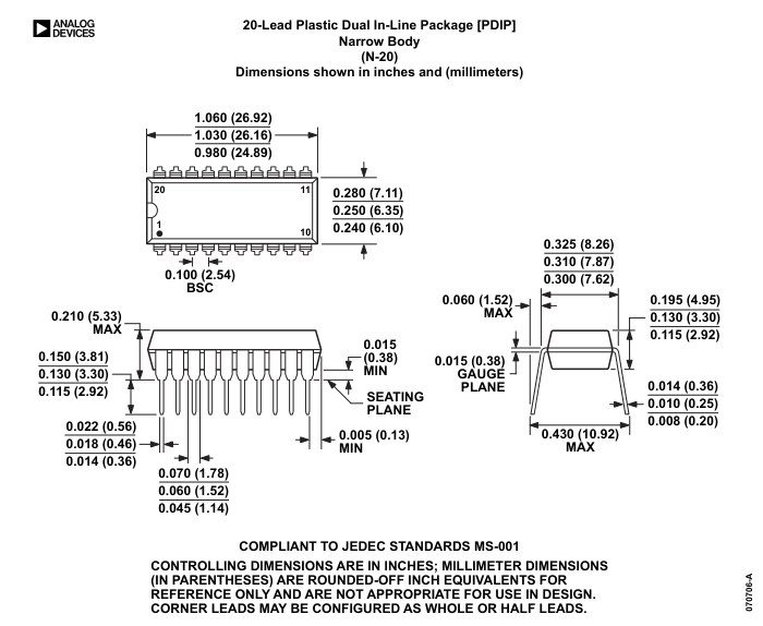 AD7628KNZ — Manufacturer package outline drawing - not a product photo, 20-Lead PDIP
