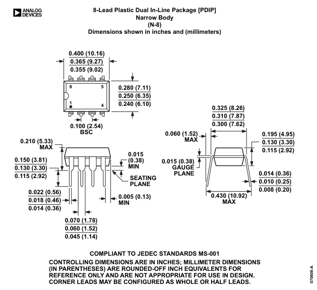 OP290GPZ — Manufacturer package outline drawing - not a product photo, 8-Lead PDIP