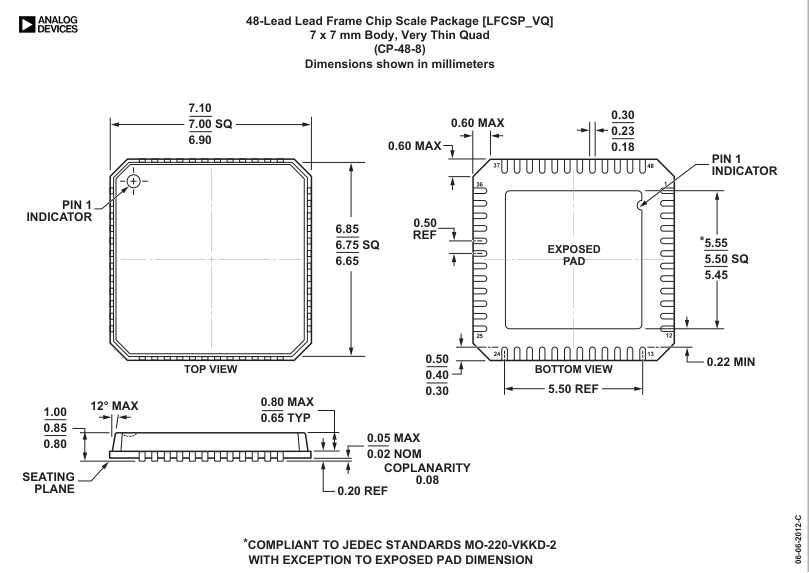 AD9517-4ABCPZ — Manufacturer package outline drawing - not a product photo, 48-Lead LFCSP (7mm x 7mm x 0.85mm w/ EP)