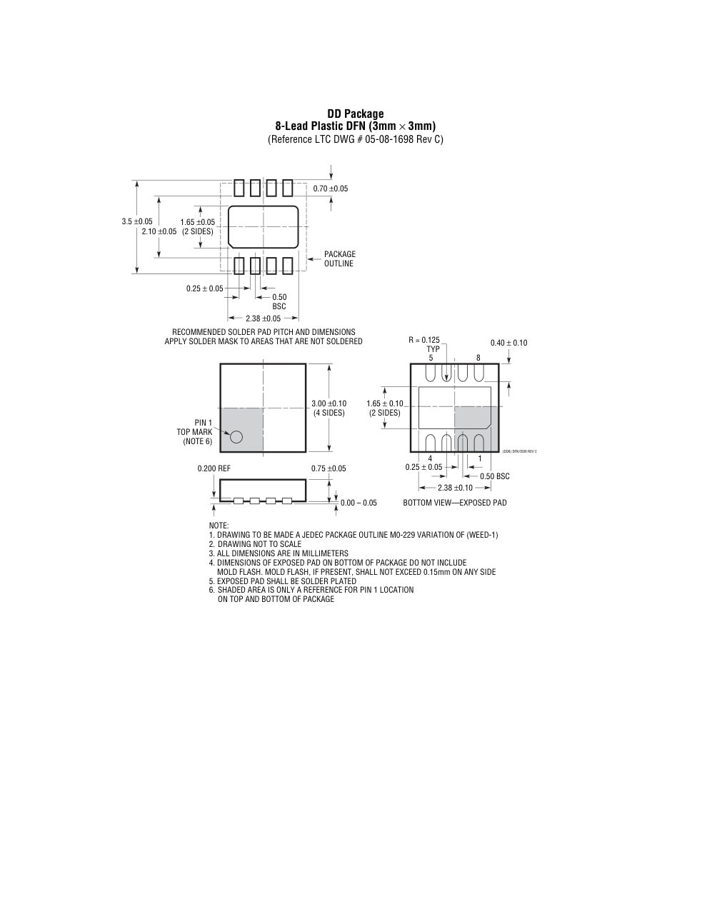 LTC2850CDD#PBF — Manufacturer package outline drawing - not a product photo, 8-Lead DFN (3mm x 3mm x 0.75mm w/ EP)