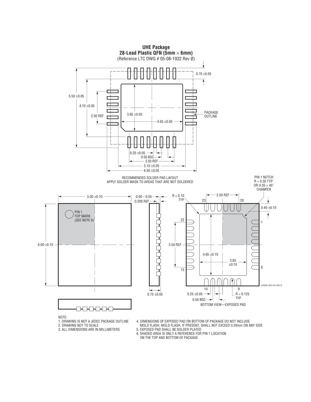 LTC2937CUHE#PBF — Manufacturer package outline drawing - not a product photo, 28-Lead QFN (5mm x 6mm x 0.75mm w/ EP)