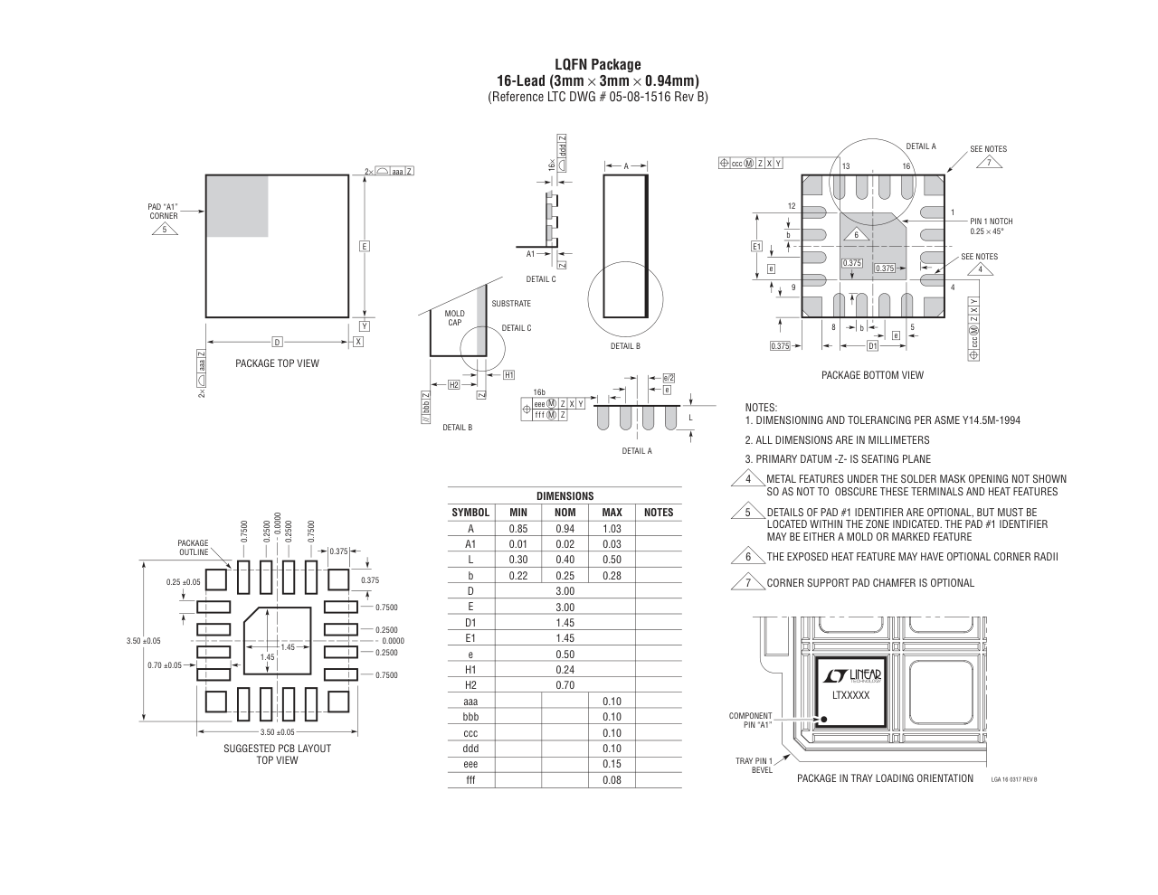 LT8609SIV#PBF — Manufacturer package outline drawing - not a product photo, 16-Lead LQFN (3mm x 3mm x 0.94mm w/ EP)