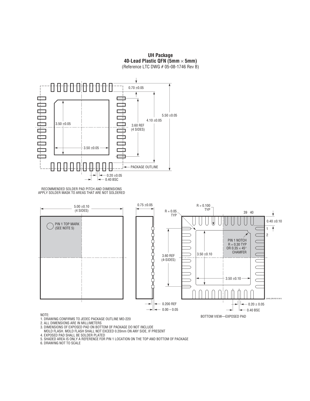 LTC3875EUH#PBF — Manufacturer package outline drawing - not a product photo, 40-Lead QFN (5mm x 5mm x 0.75mm w/ EP)