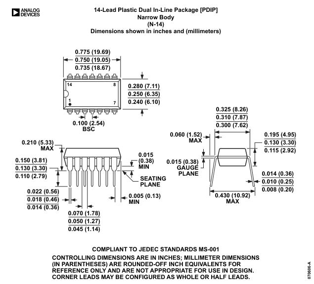 OP482GPZ — Manufacturer package outline drawing - not a product photo, 14-Lead PDIP