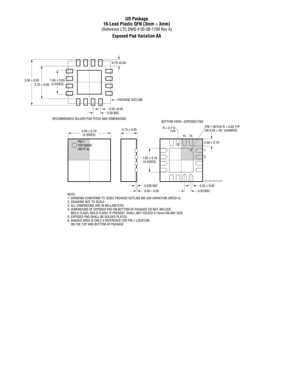 LTC6820IUD#PBF — Manufacturer package outline drawing - not a product photo, 16-Lead QFN (3mm x 3mm x 0.75mm w/ EP)
