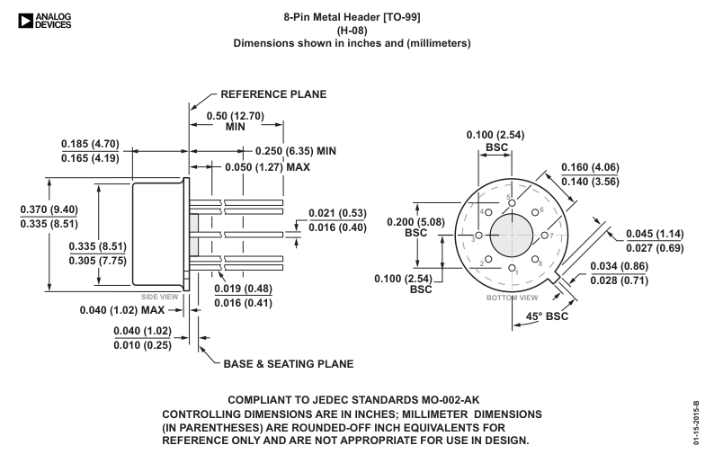 ADR1000AHZ — Manufacturer package outline drawing - not a product photo, 8-Pin TO-99