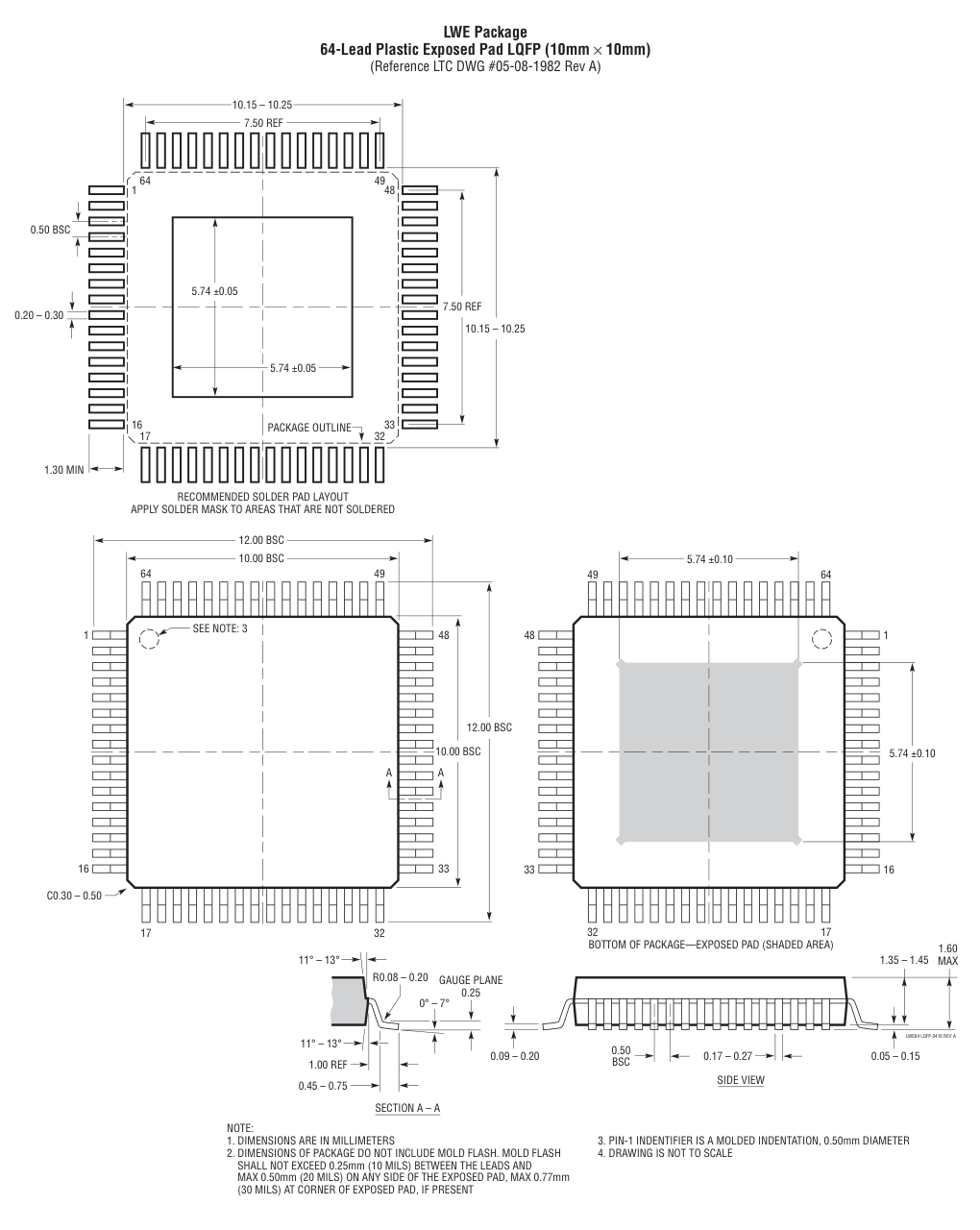 LTC7871ELWE#PBF — Manufacturer package outline drawing - not a product photo, 64-Lead LQFP (10mm x 10mm w/ EP)