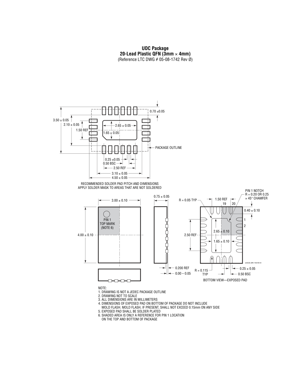 LTC3891EUDC#PBF — Manufacturer package outline drawing - not a product photo, 20-Lead QFN (3mm x 4mm x 0.75mm w/ EP)