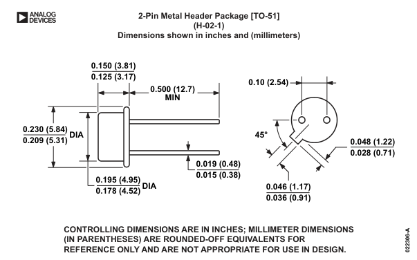 AD589JH — Manufacturer package outline drawing - not a product photo, 2-Lead TO-51