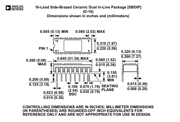 AD539JDZ — Manufacturer package outline drawing - not a product photo, 16-Lead Side Brazed CerDIP
