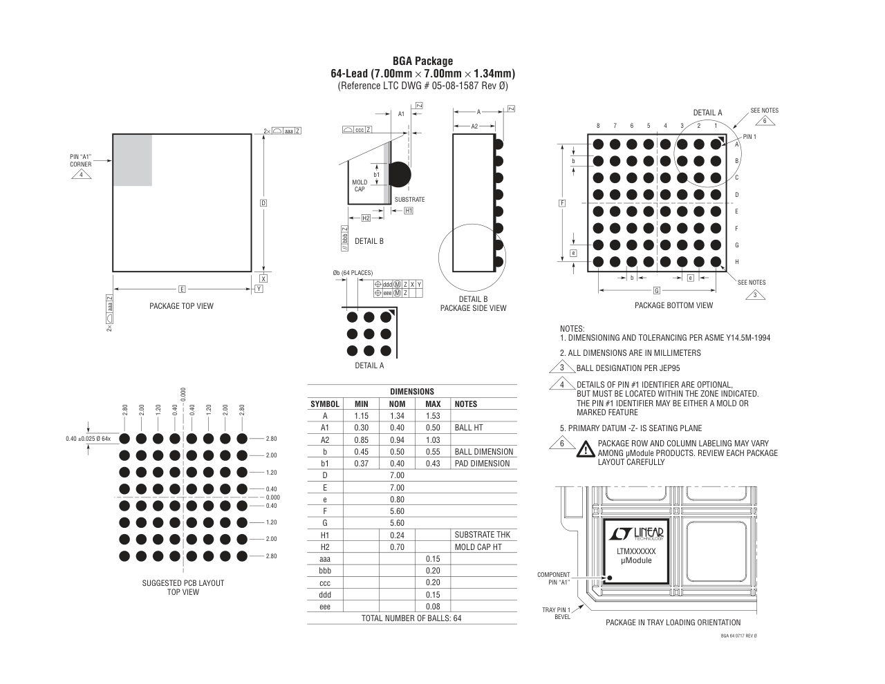 LTC3376EY#PBF — Manufacturer package outline drawing - not a product photo, 64-Lead BGA (7mm x 7mm x 1.34mm)