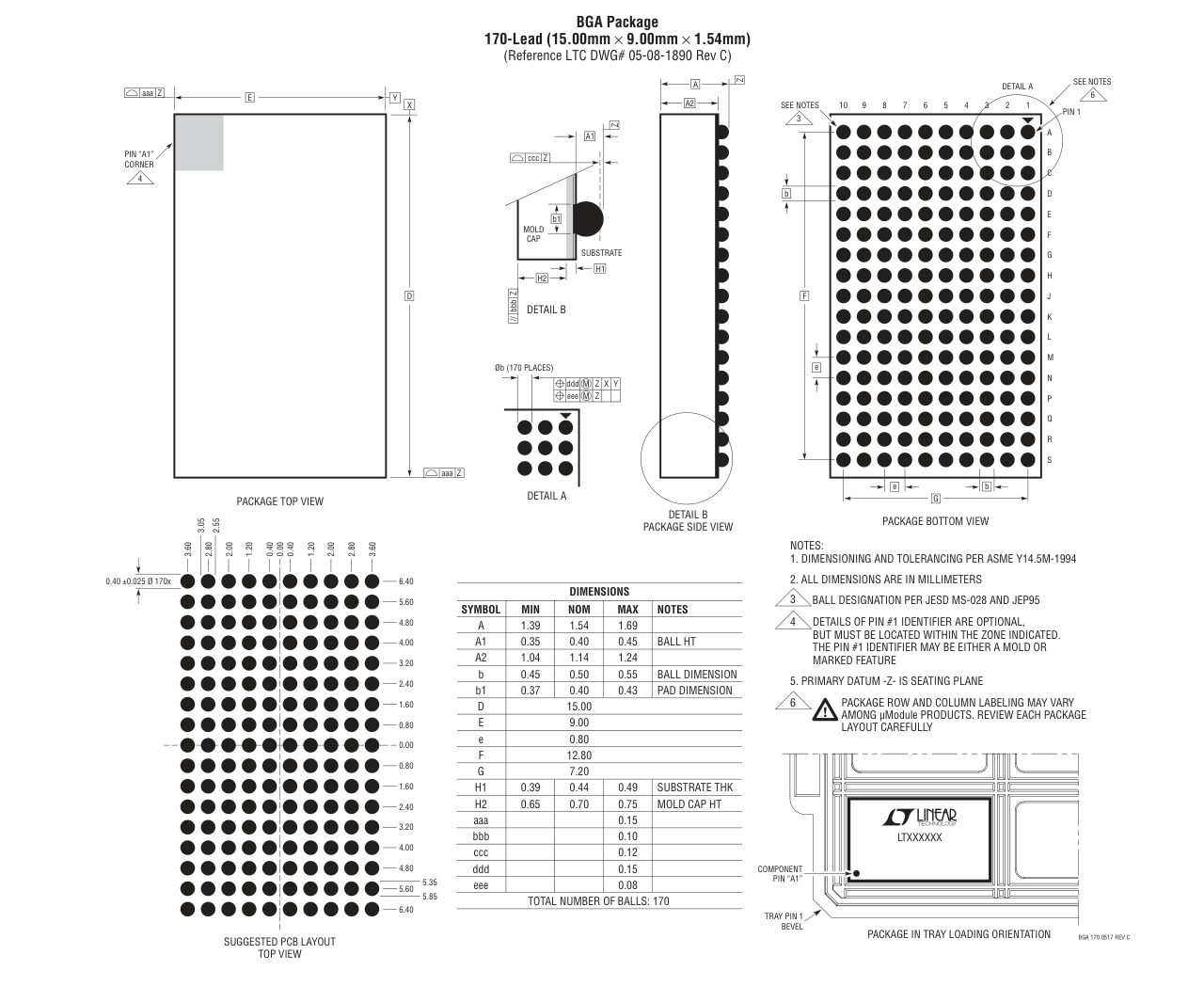 LTC2000CY-11#PBF — Manufacturer package outline drawing - not a product photo, 170-Lead BGA (15mm x 9mm x 1.54mm)
