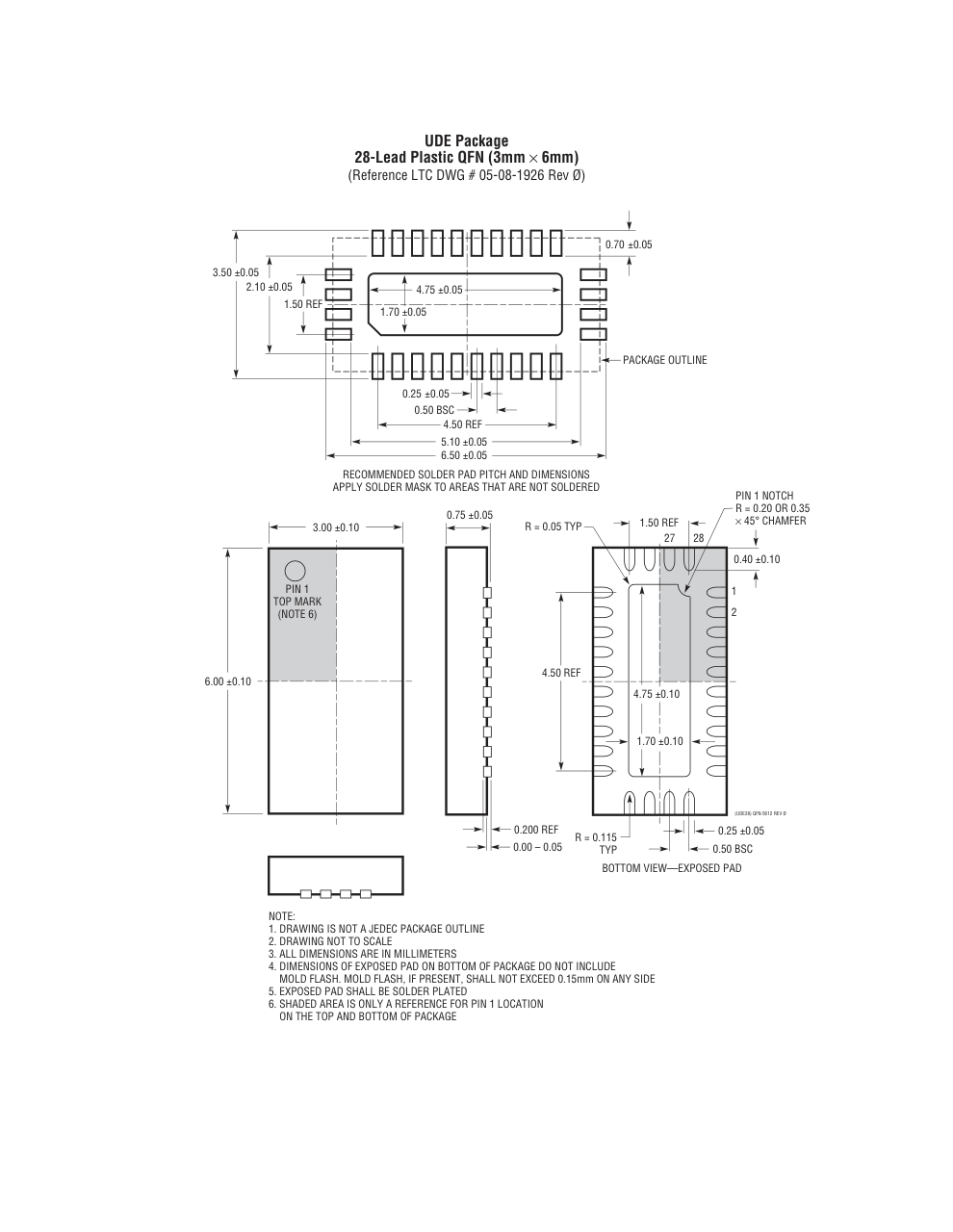 LT8612IUDE#WPBF — Manufacturer package outline drawing - not a product photo, 28-Lead QFN (3mm x 6mm x 0.75mm w/ EP)