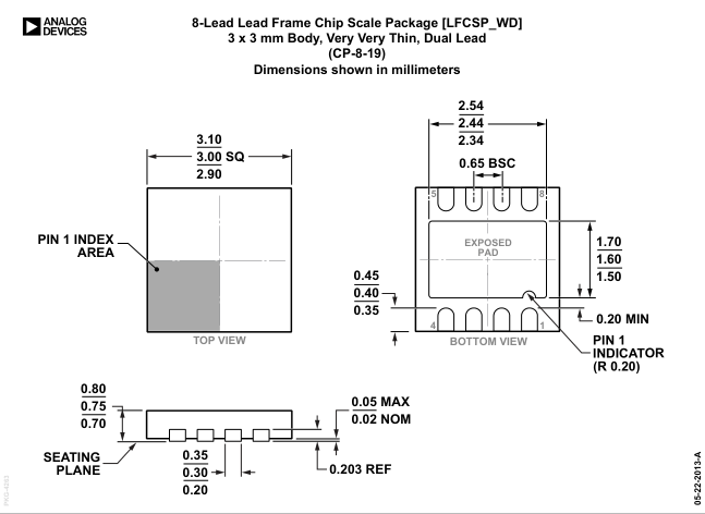 AD8422ACPZ-R7 — Manufacturer package outline drawing - not a product photo, 8-Lead LFCSP (3mm x 3mm w/ EP)