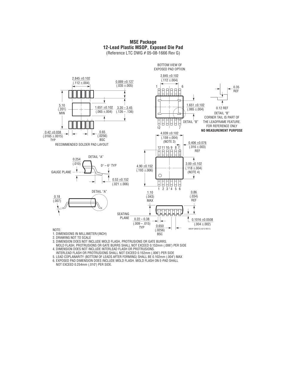 LTC3864EMSE#TRPBF — Manufacturer package outline drawing - not a product photo, 12-Lead MSOP w/ EP