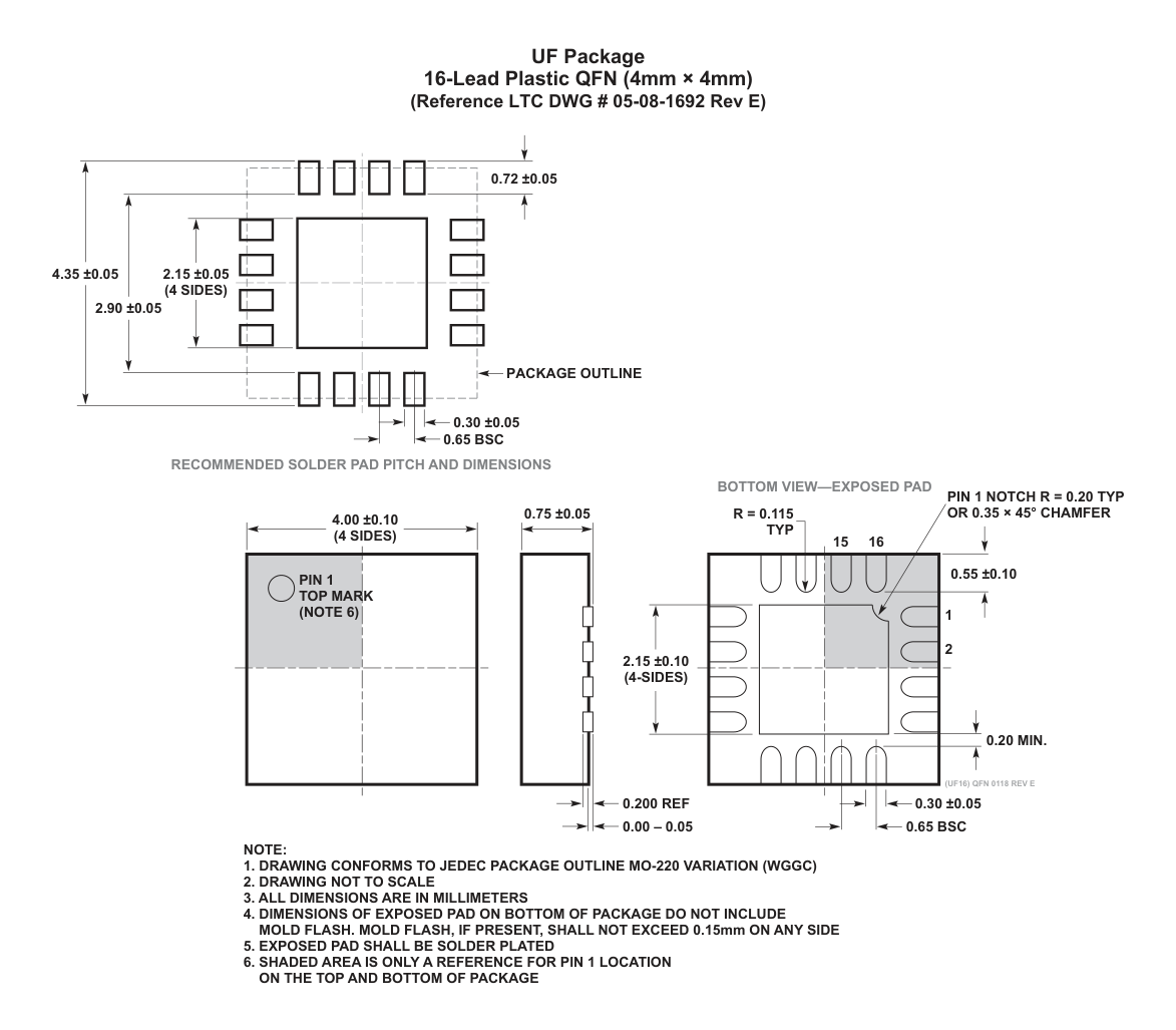 LT4321HUF#PBF — Manufacturer package outline drawing - not a product photo, 16-Lead QFN (4mm x 4mm x 0.75mm w/ EP)