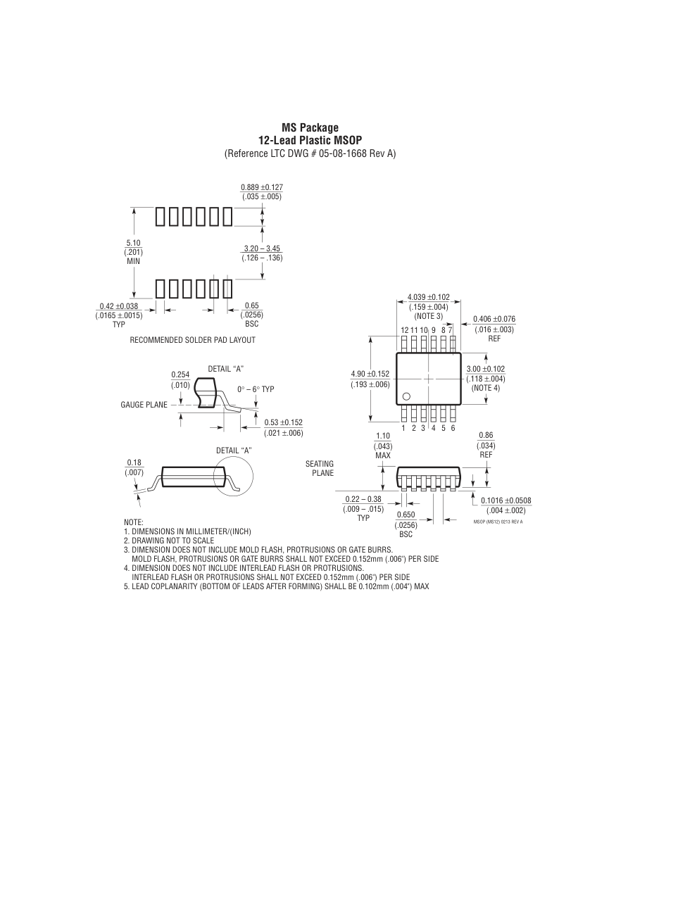 LTC4231CMS-1#PBF — Manufacturer package outline drawing - not a product photo, 12-Lead MSOP