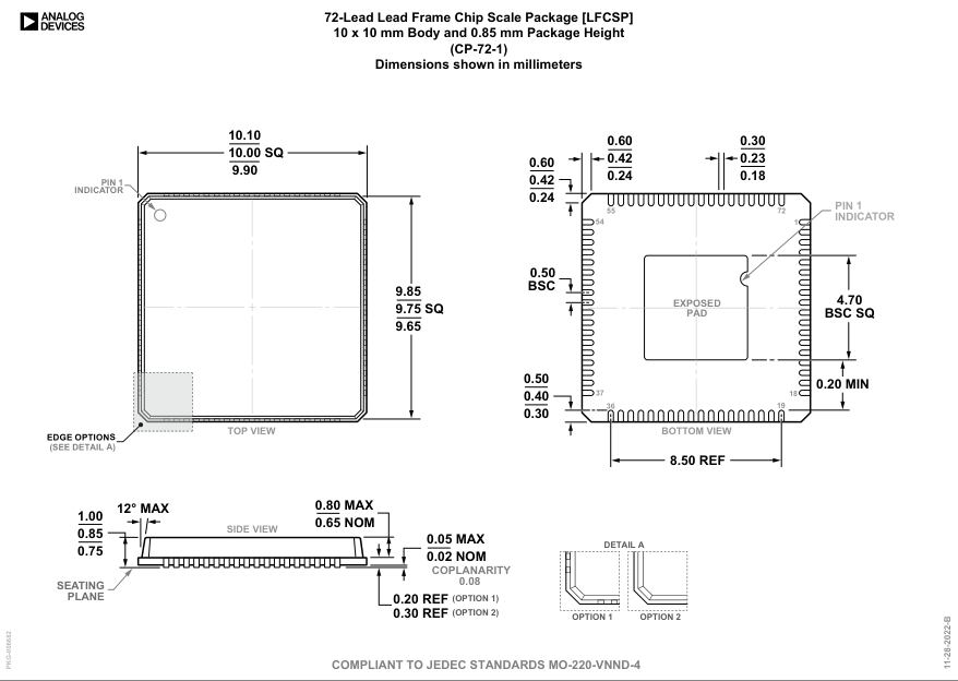 ADV3229ACPZ — Manufacturer package outline drawing - not a product photo, 72-Lead LFCSP (10mm x 10mm w/ EP)