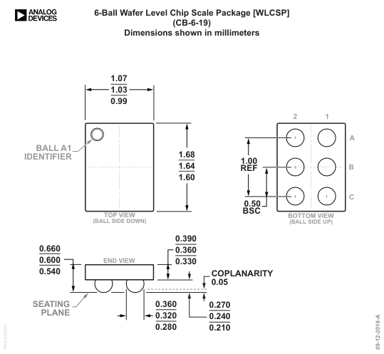 LTC3306AACBZ-R7 — Manufacturer package outline drawing - not a product photo, 6-ball WLCSP (1.03 mm x 1.64 mm x 0.60 mm)