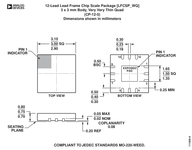 ADCMP603BCPZ-R7 — Manufacturer package outline drawing - not a product photo, 12-Lead LFCSP (3mm x 3mm w/ EP)