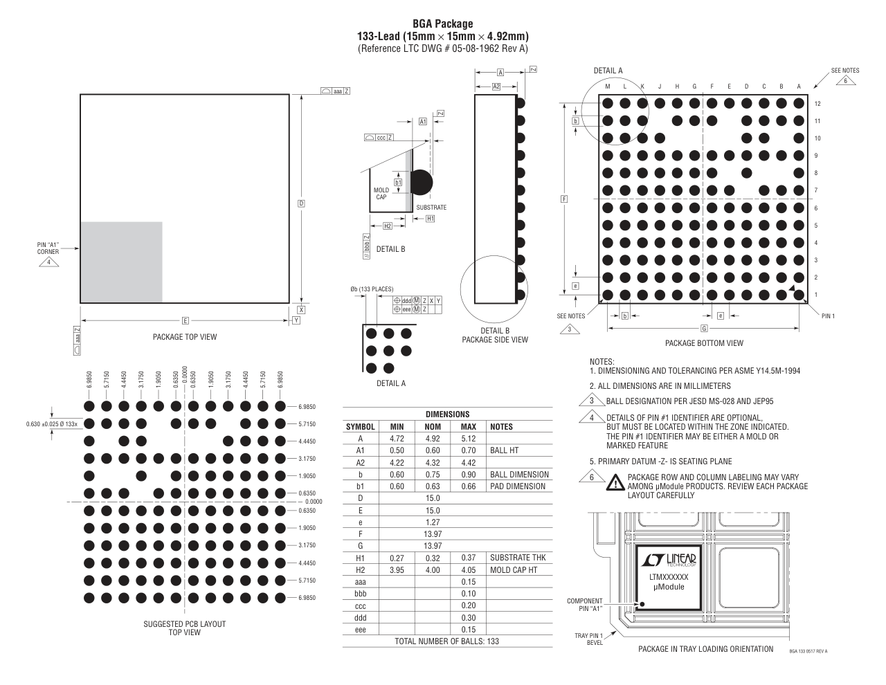 LTM4639IY — Manufacturer package outline drawing - not a product photo, 133-Lead BGA (15mm x 15mm x 4.92mm)