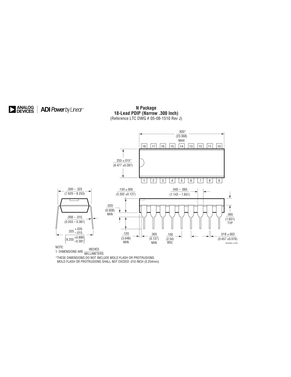 LTC1325CN#PBF — Manufacturer package outline drawing - not a product photo, 18-Lead PDIP (Narrow 0.3 Inch)