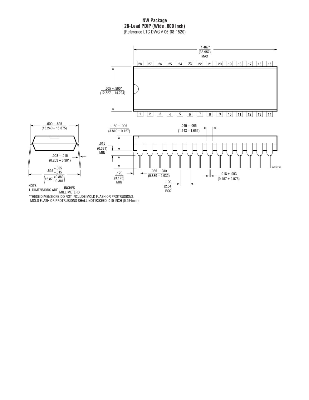 LTC1345CNW#PBF — Manufacturer package outline drawing - not a product photo, 28-Lead PDIP (Wide 0.6 Inch)