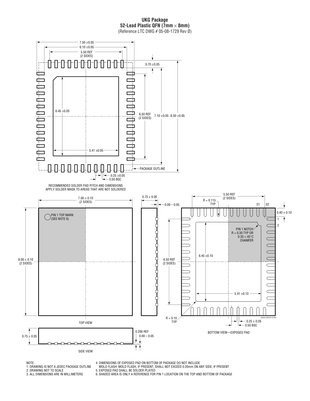 LTC4270AIUKG#PBF — Manufacturer package outline drawing - not a product photo, 52-Lead QFN (7mm x 8mm x 0.75mm w/ EP)