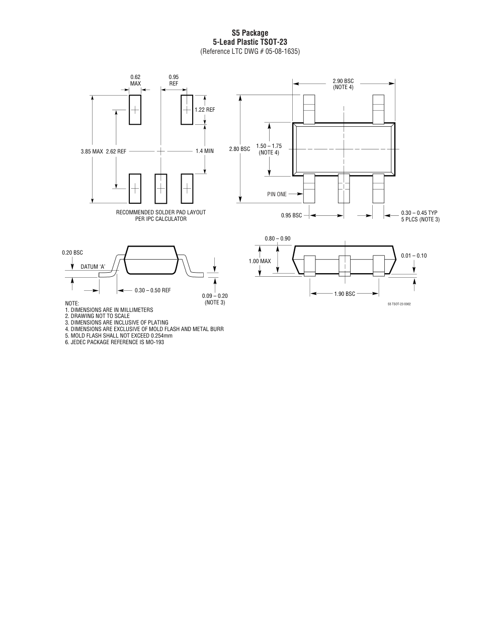 LT8303ES5#TRMPBF — Manufacturer package outline drawing - not a product photo, 5-Lead TSOT-23
