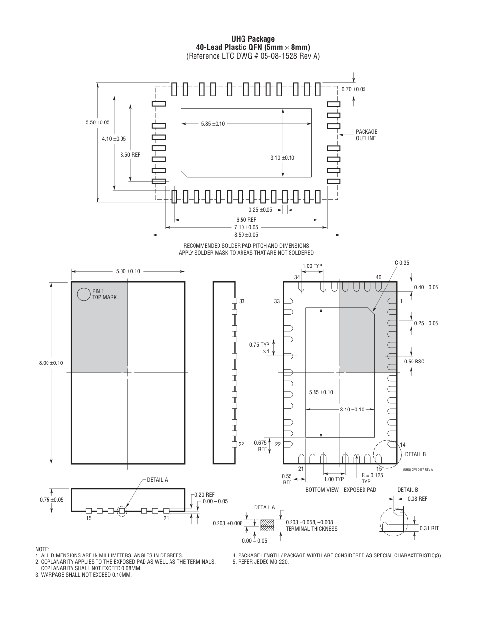 LT8708EUHG#PBF — Manufacturer package outline drawing - not a product photo, 40-Lead QFN (5mm x 8mm x 0.75mm w/ EP)