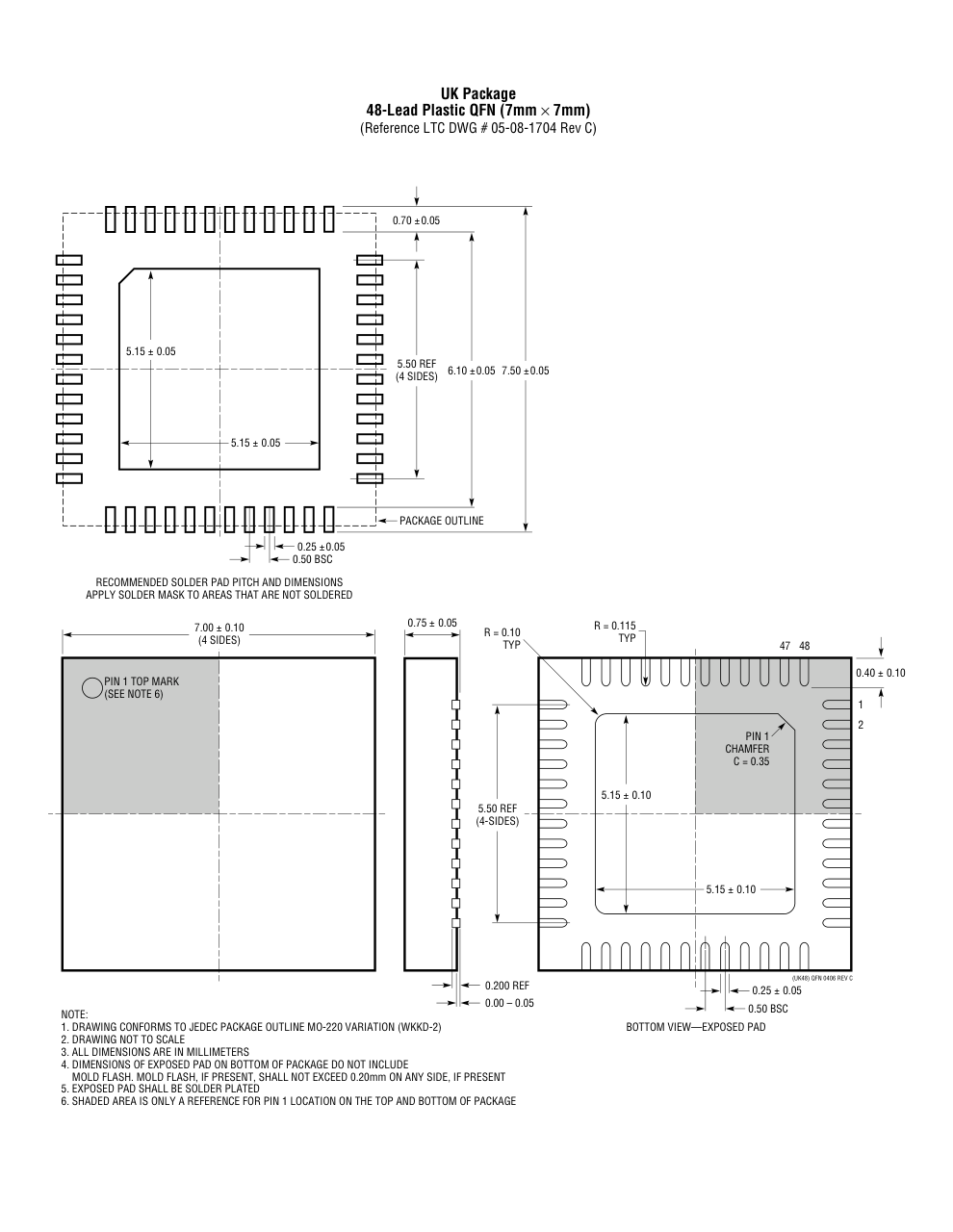 LTC3372EUK#PBF — Manufacturer package outline drawing - not a product photo, 48-Lead QFN (7mm x 7mm x 0.75mm w/ EP)