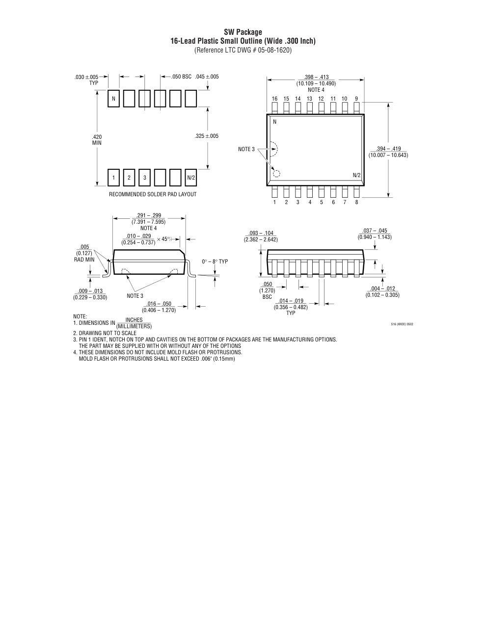 LT1032CSW#PBF — Manufacturer package outline drawing - not a product photo, 16-Lead SOIC (Wide 0.3 Inch)