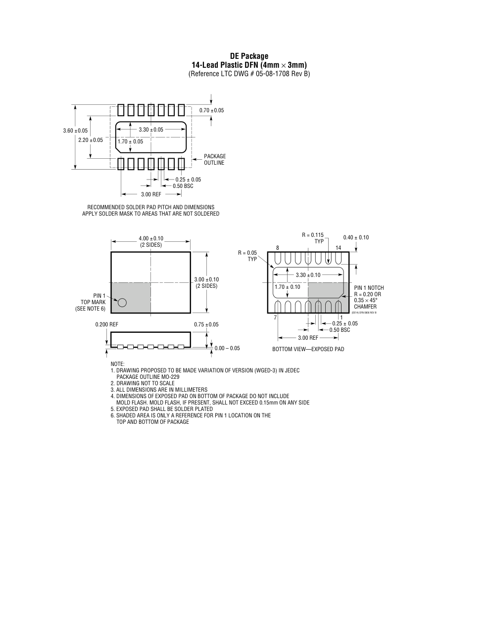 LTC4088EDE#PBF — Manufacturer package outline drawing - not a product photo, 14-Lead DFN (4mm x 3mm w/ EP)