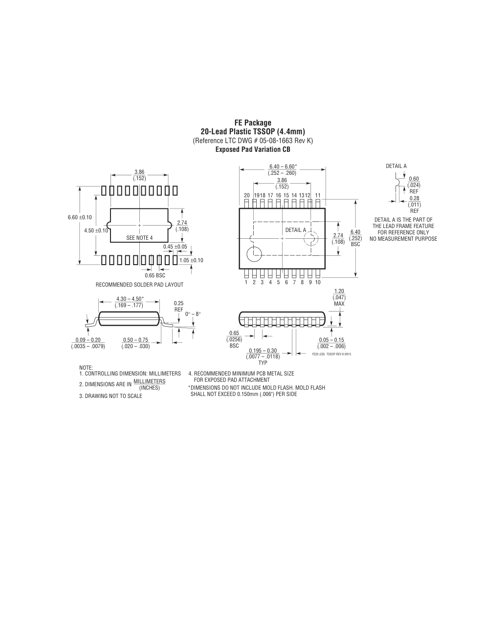LTC3891EFE#PBF — Manufacturer package outline drawing - not a product photo, 20-Lead TSSOP w/ EP