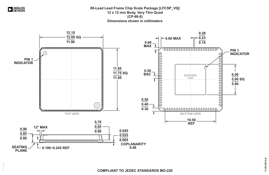 ADSP-BF706BCPZ-3 — Manufacturer package outline drawing - not a product photo, 88-Lead LFCSP (12mm x 12mm w/ EP)