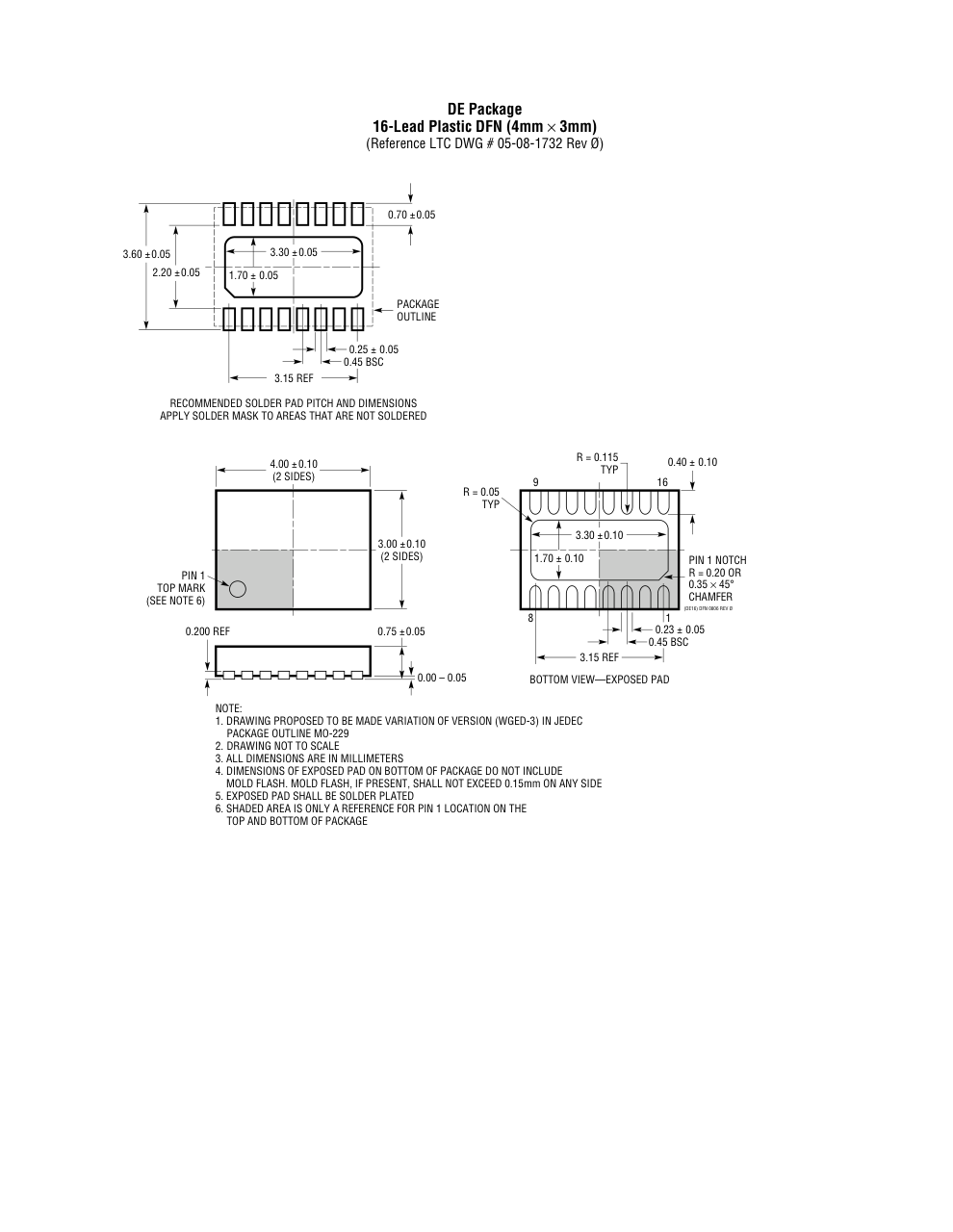 LTC2946CDE#PBF — Manufacturer package outline drawing - not a product photo, 16-Lead DFN (4mm x 3mm w/ EP)