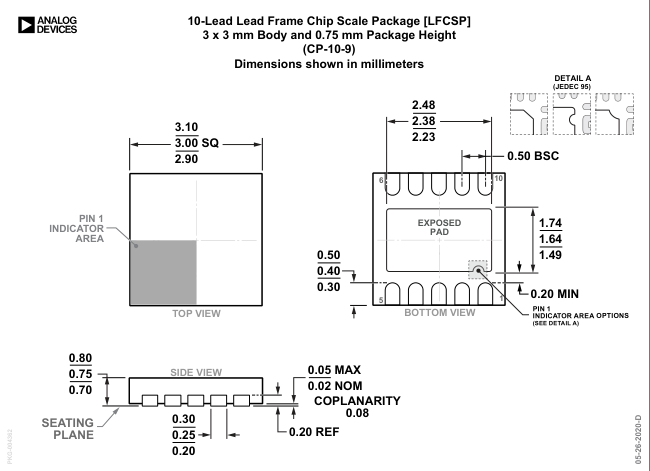 AD7685ACPZRL7 — Manufacturer package outline drawing - not a product photo, 10-Lead LFCSP (3mm x 3mm)