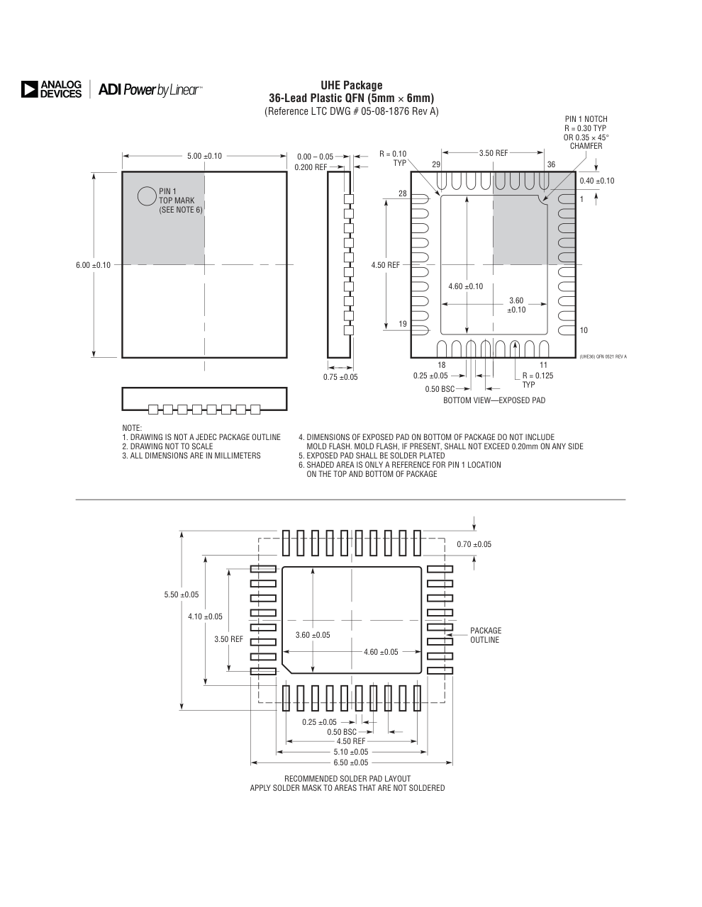 LTC7841EUHE#PBF — Manufacturer package outline drawing - not a product photo, 36-Lead QFN (5mm x 6mm x 0.75mm w/ EP)