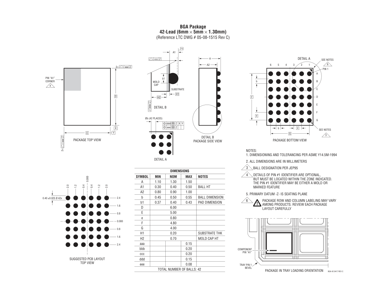 LTC7150SEY#PBF — Manufacturer package outline drawing - not a product photo, 42-Lead BGA (6mm x 5mm x 1.3mm)