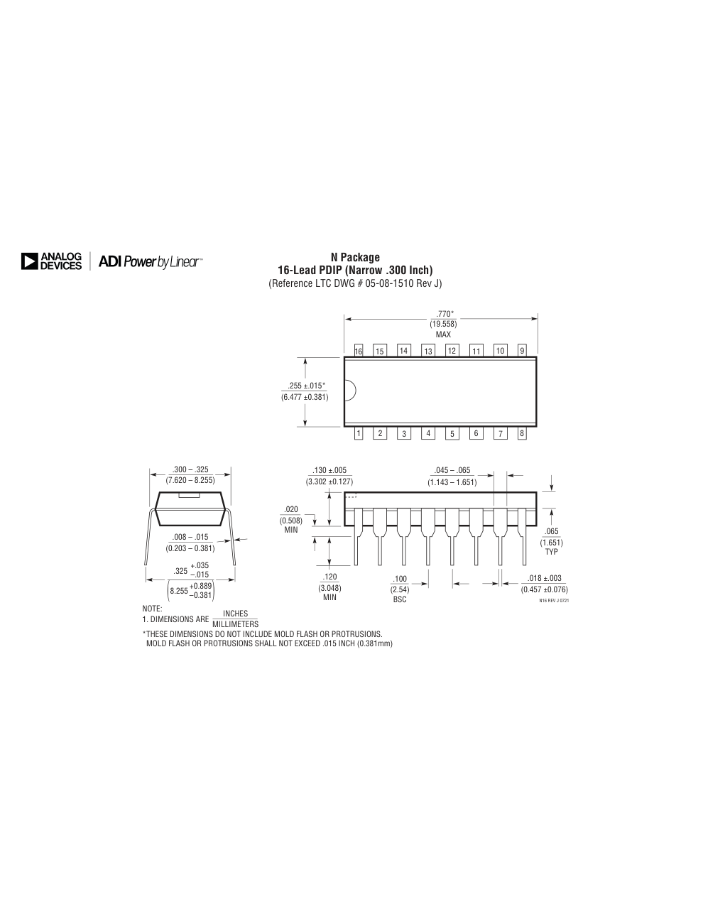 LTC1590CN#PBF — Manufacturer package outline drawing - not a product photo, 16-Lead PDIP (Narrow 0.30 Inch)