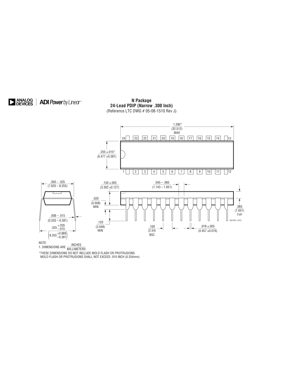 LT1141ACN#PBF — Manufacturer package outline drawing - not a product photo, 24-Lead PDIP (Narrow 0.3 Inch)