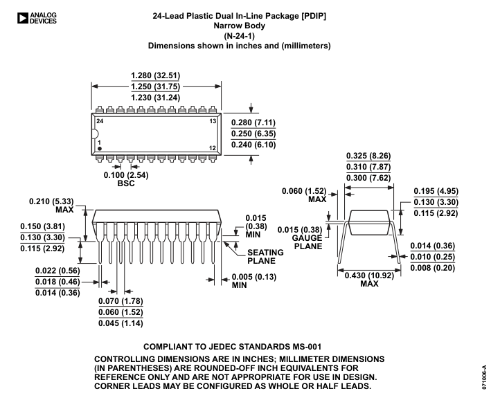 AD7306ANZ — Manufacturer package outline drawing - not a product photo, 24-Lead PDIP