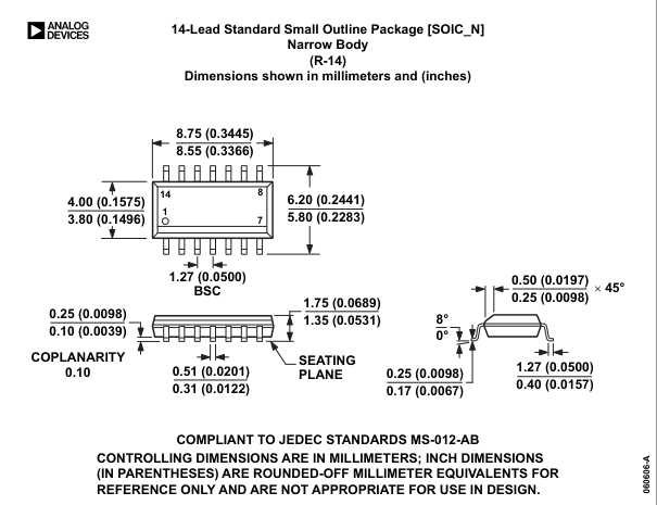 AD8013ARZ-14 — Manufacturer package outline drawing - not a product photo, 14-Lead SOIC