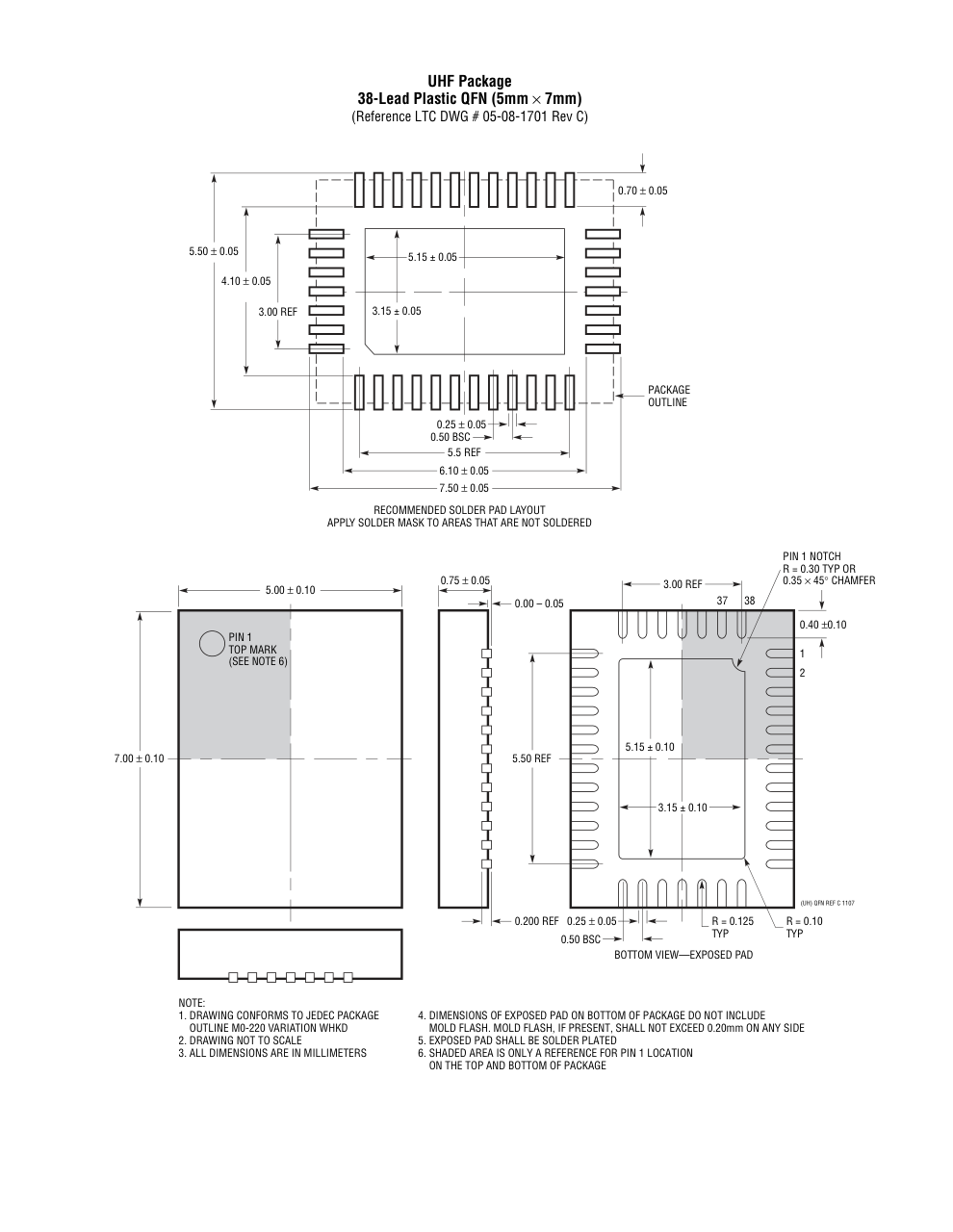 LTC2495CUHF#PBF — Manufacturer package outline drawing - not a product photo, 38-Lead QFN (5mm x 7mm w/ EP)