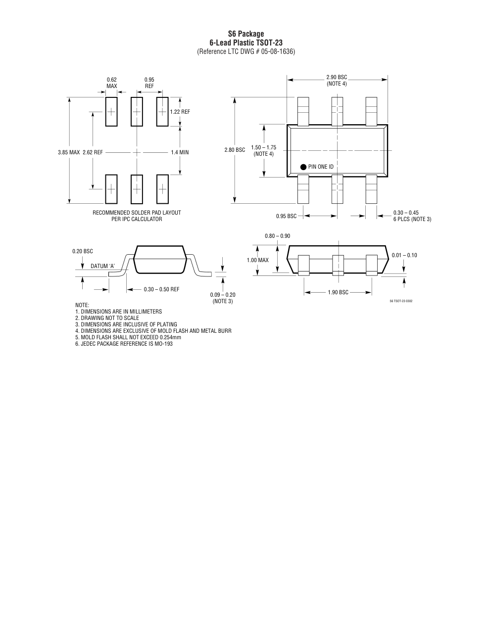 LT8306RS6#WTRMPBF — Manufacturer package outline drawing - not a product photo, 6-Lead TSOT-23